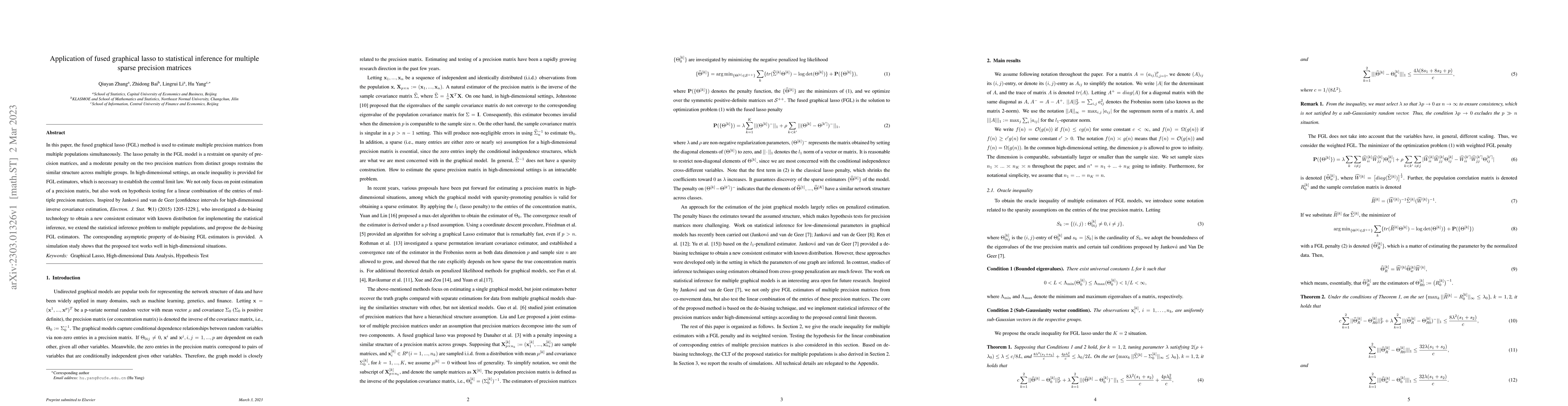 Thumbnail for Application of fused graphical lasso to statistical inference for
  multiple sparse precision matrices