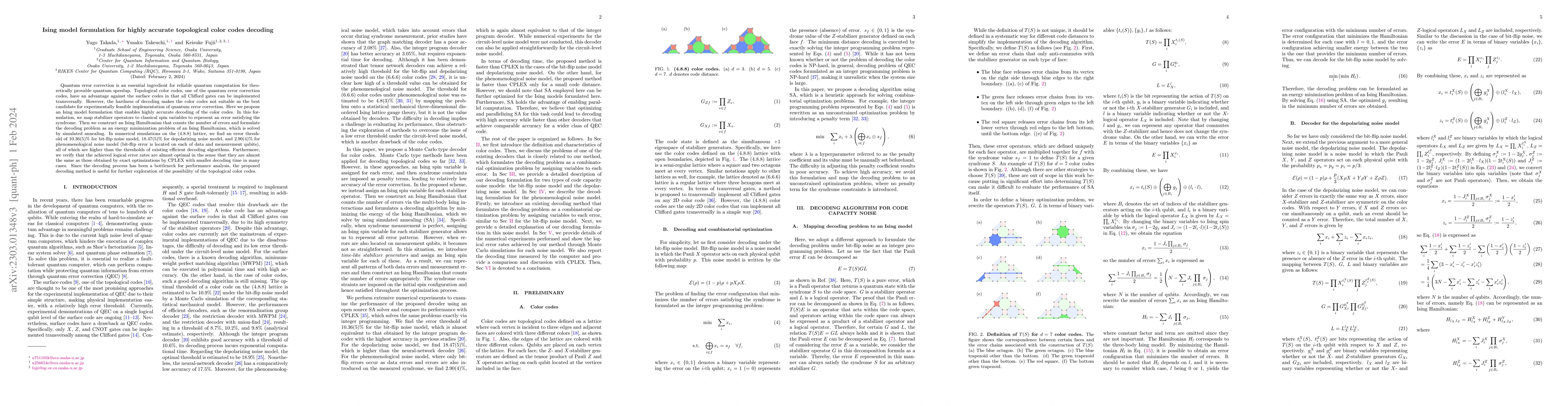 Thumbnail for Ising model formulation for highly accurate topological color codes
  decoding