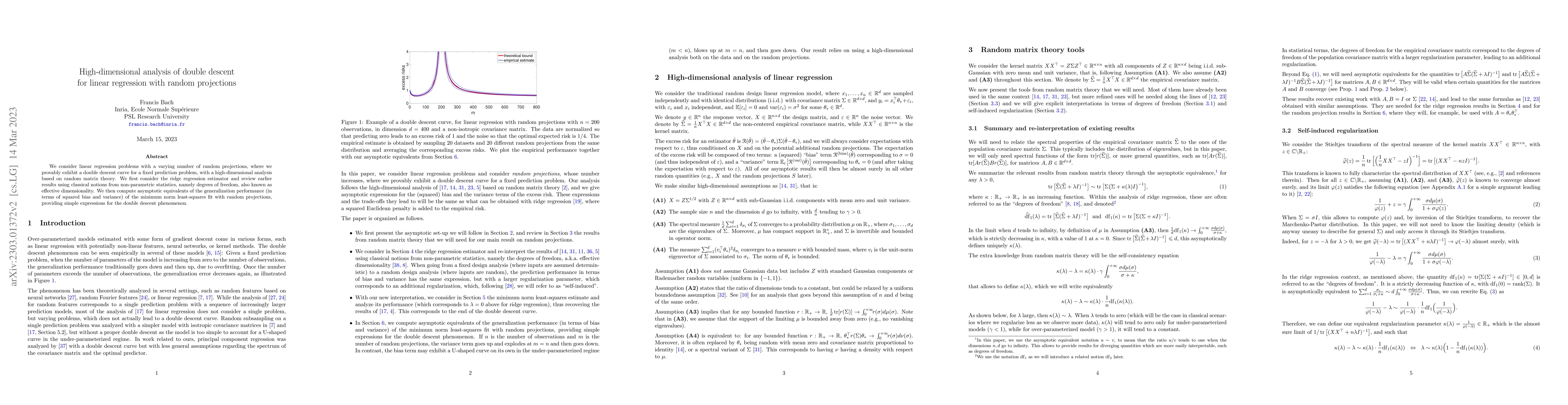 Thumbnail for High-dimensional analysis of double descent for linear regression with
  random projections