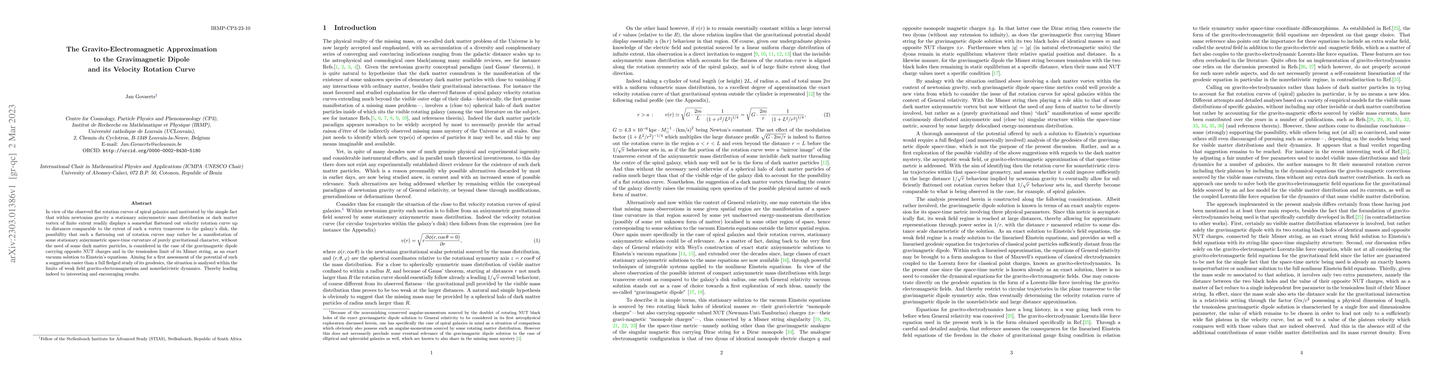 Thumbnail for The Gravito-Electromagnetic Approximation to the Gravimagnetic Dipole
  and its Velocity Rotation Curve