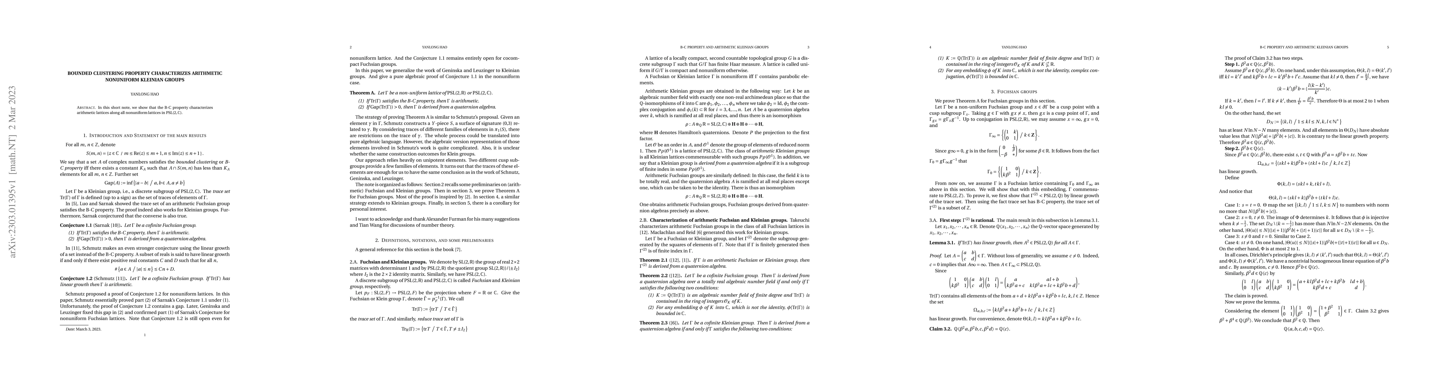 Thumbnail for Bounded clustering property characterizes arithmetic nonuniform Kleinian
  groups