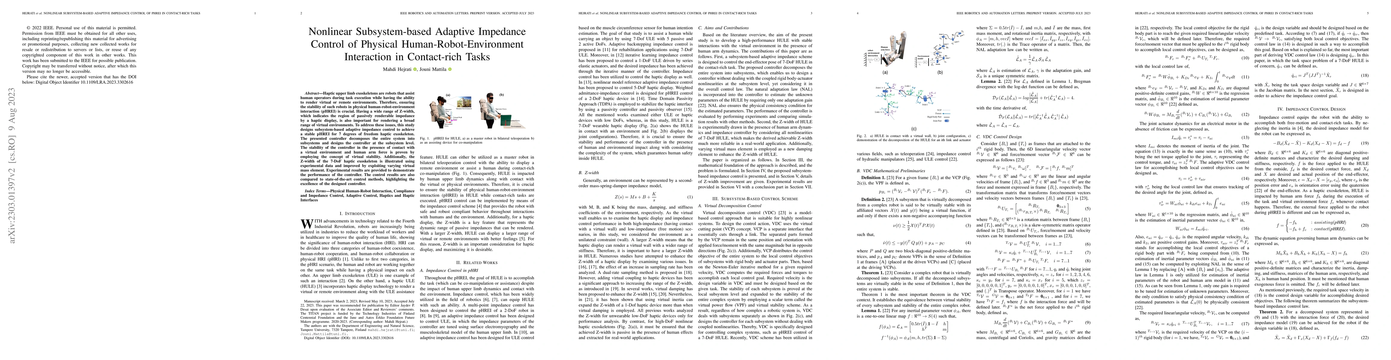 Thumbnail for Nonlinear Subsystem-based Adaptive Impedance Control of Physical
  Human-Robot-Environment Interaction in Contact-rich Tasks