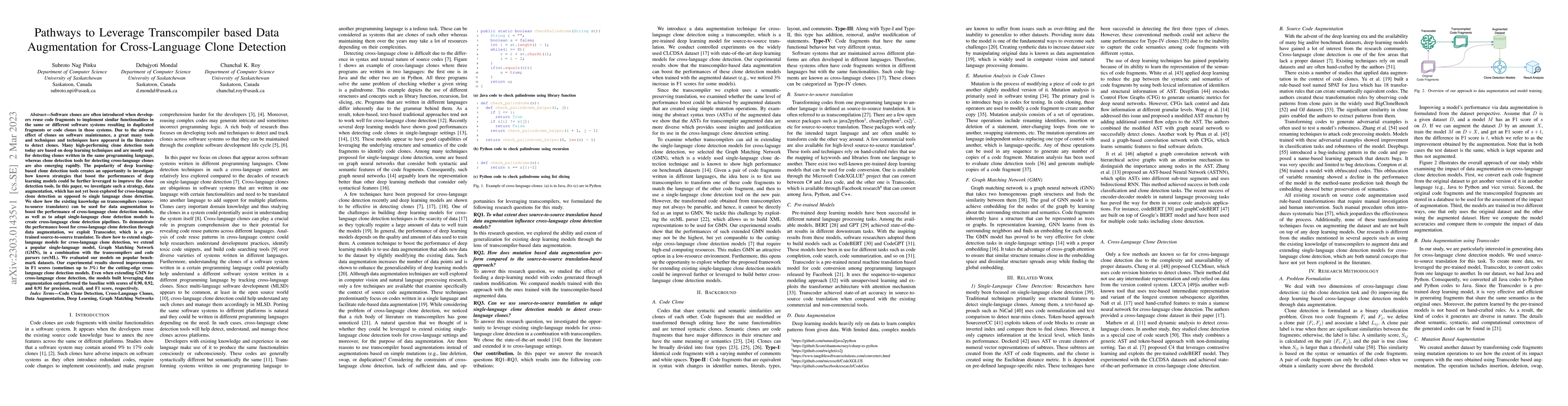 Thumbnail for Pathways to Leverage Transcompiler based Data Augmentation for
  Cross-Language Clone Detection