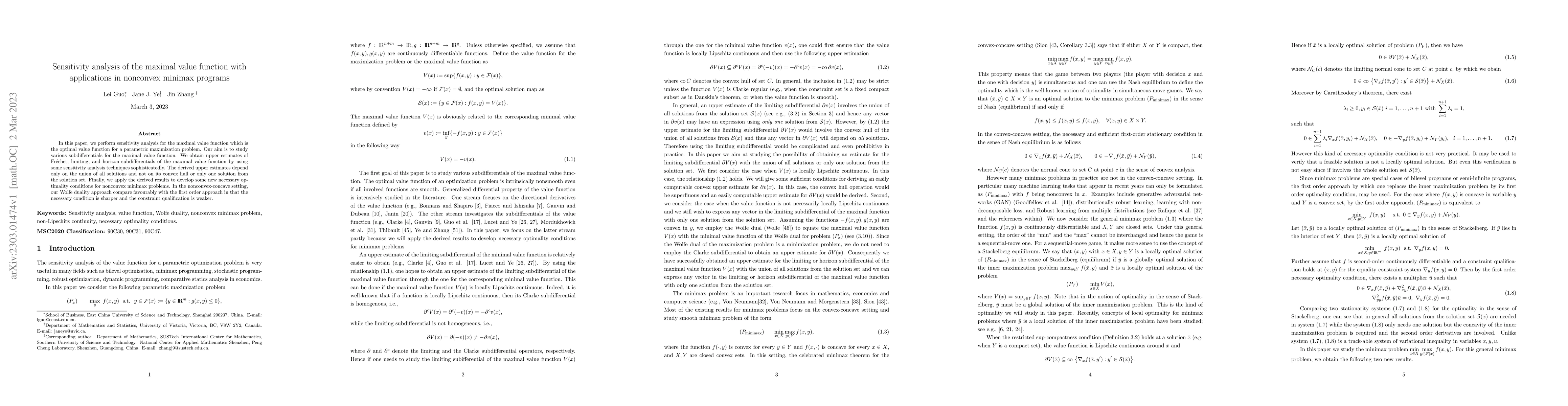 Thumbnail for Sensitivity analysis of the maximal value function with applications in
  nonconvex minimax programs