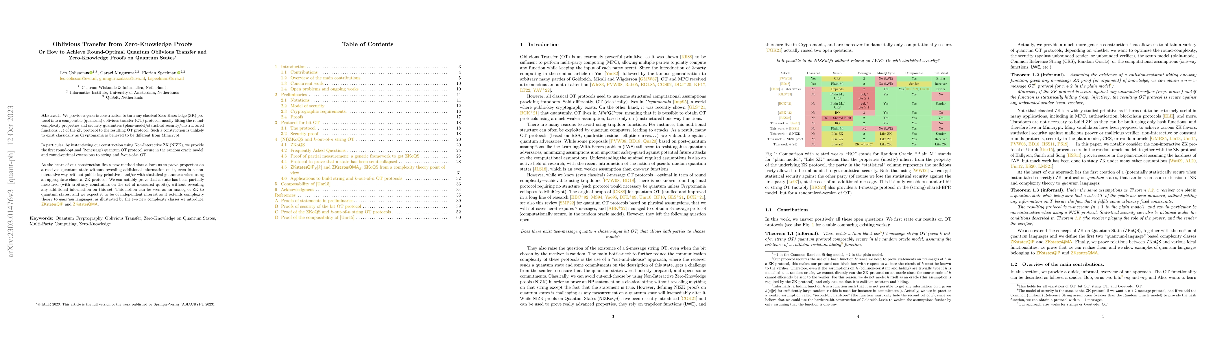 Thumbnail for Oblivious Transfer from Zero-Knowledge Proofs, or How to Achieve
  Round-Optimal Quantum Oblivious Transfer and Zero-Knowledge Proofs on Quantum
  States