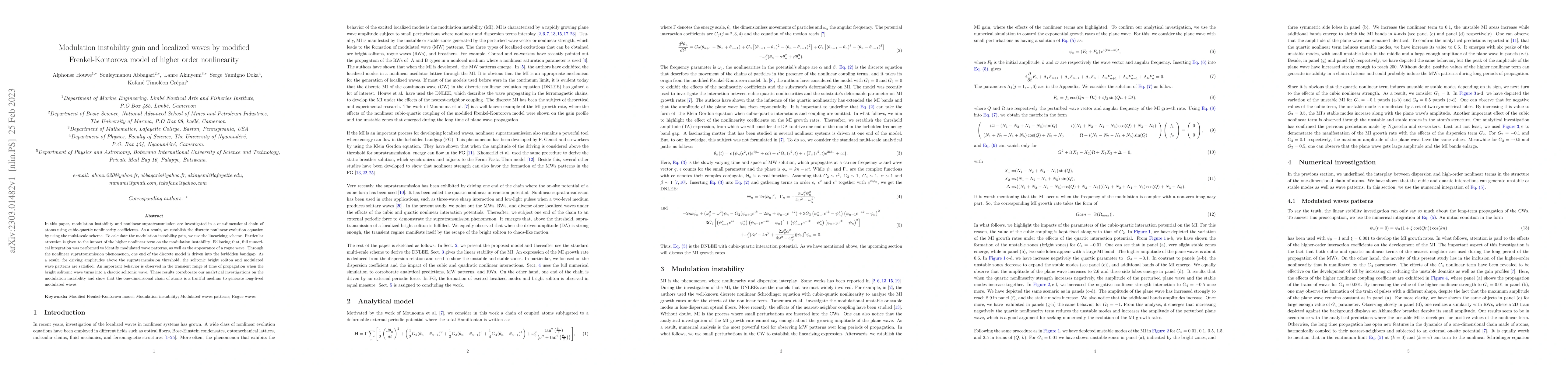 Thumbnail for Modulation instability gain and localized waves by modified
  Frenkel-Kontorova model of higher order nonlinearity