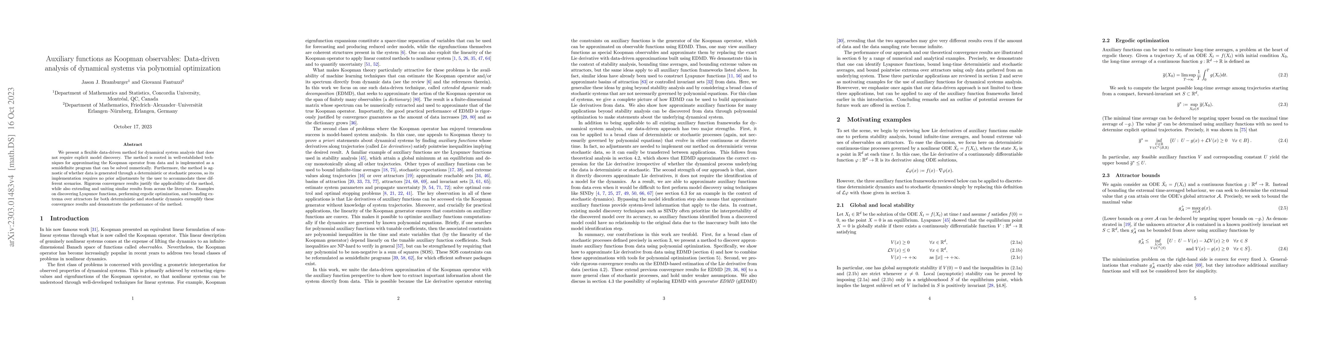 Thumbnail for Auxiliary Functions as Koopman Observables: Data-Driven Analysis of
  Dynamical Systems via Polynomial Optimization