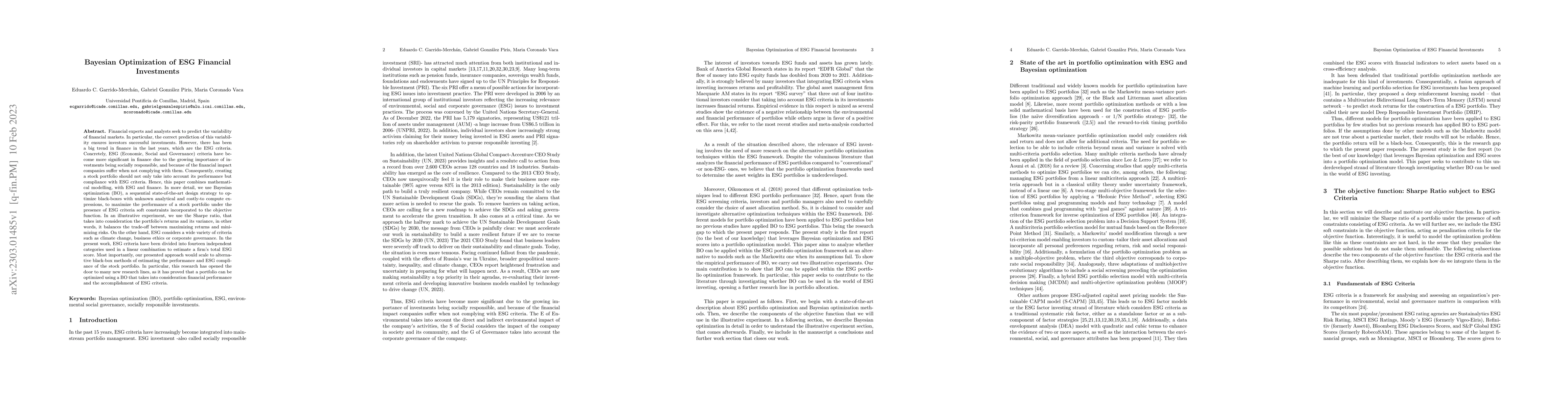 Thumbnail for Bayesian Optimization of ESG Financial Investments