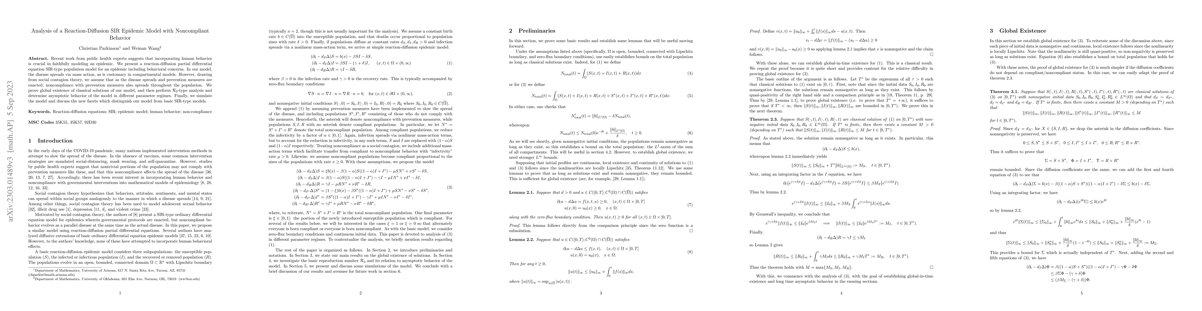 Thumbnail for Analysis of a Reaction-Diffusion SIR Epidemic Model with Noncompliant
  Behavior