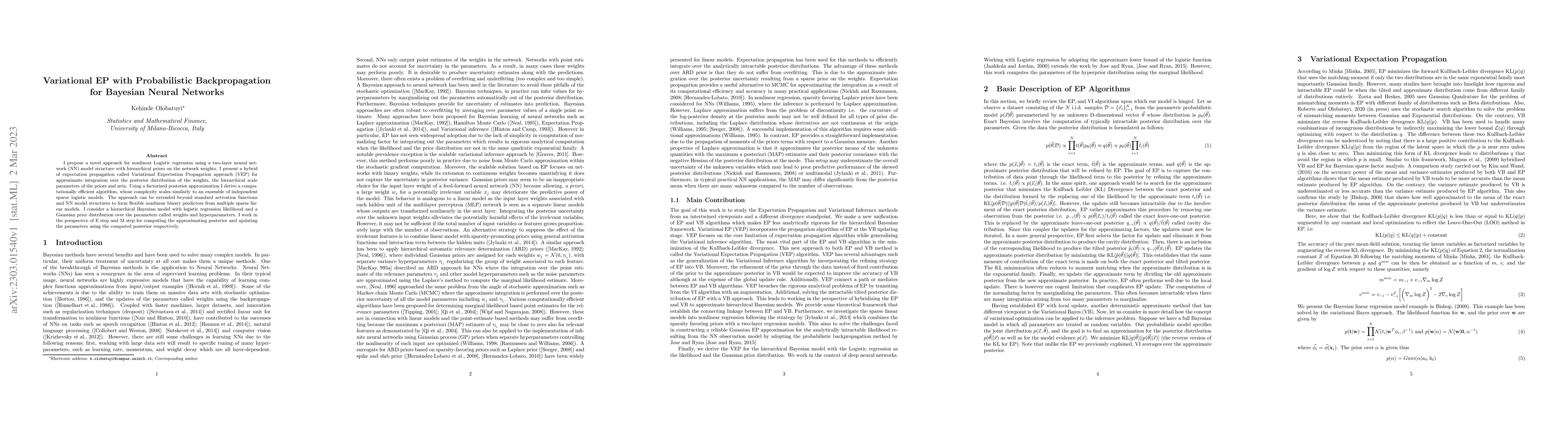 Thumbnail for Variational EP with Probabilistic Backpropagation for Bayesian Neural
  Networks