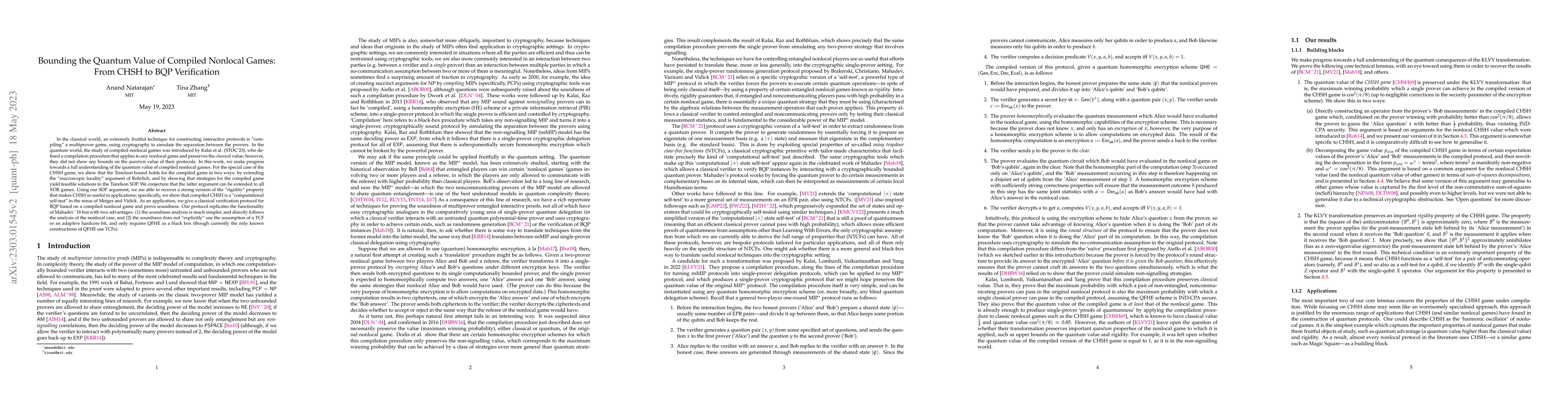 Thumbnail for Bounding the quantum value of compiled nonlocal games: from CHSH to BQP
  verification