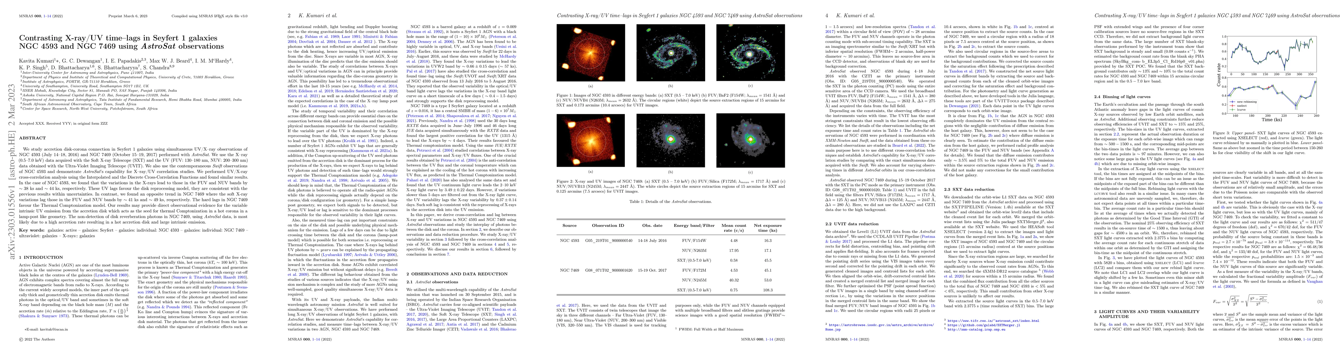 Thumbnail for Contrasting X-ray/UV time-lags in Seyfert 1 galaxies NGC 4593 and NGC
  7469 using AstroSat observations