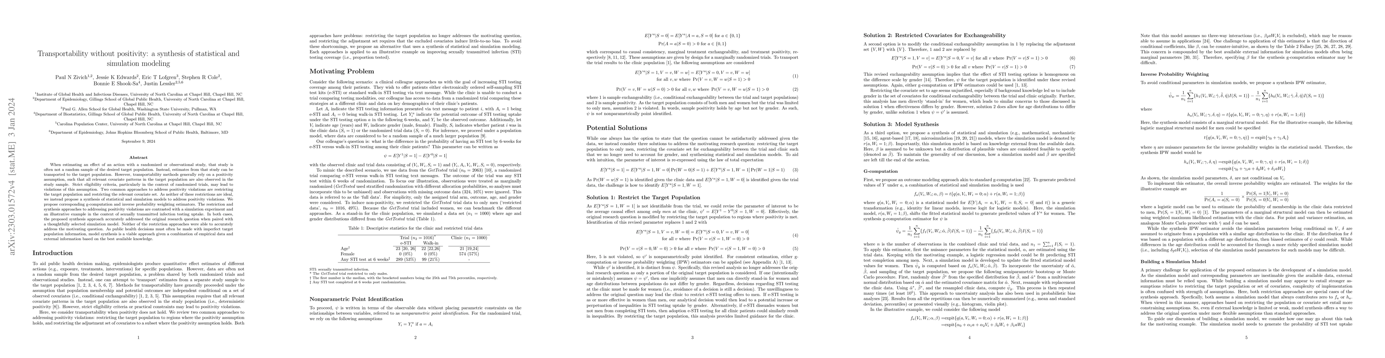 Thumbnail for Transportability without positivity: a synthesis of statistical and
  simulation modeling