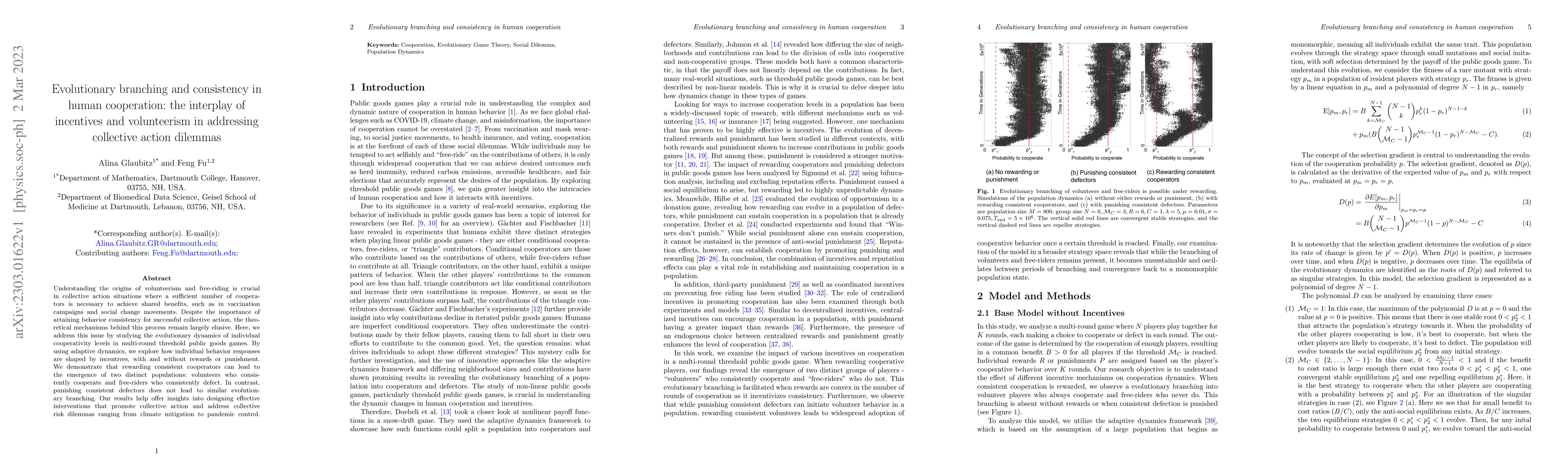 Thumbnail for Evolutionary branching and consistency in human cooperation: the
  interplay of incentives and volunteerism in addressing collective action
  dilemmas