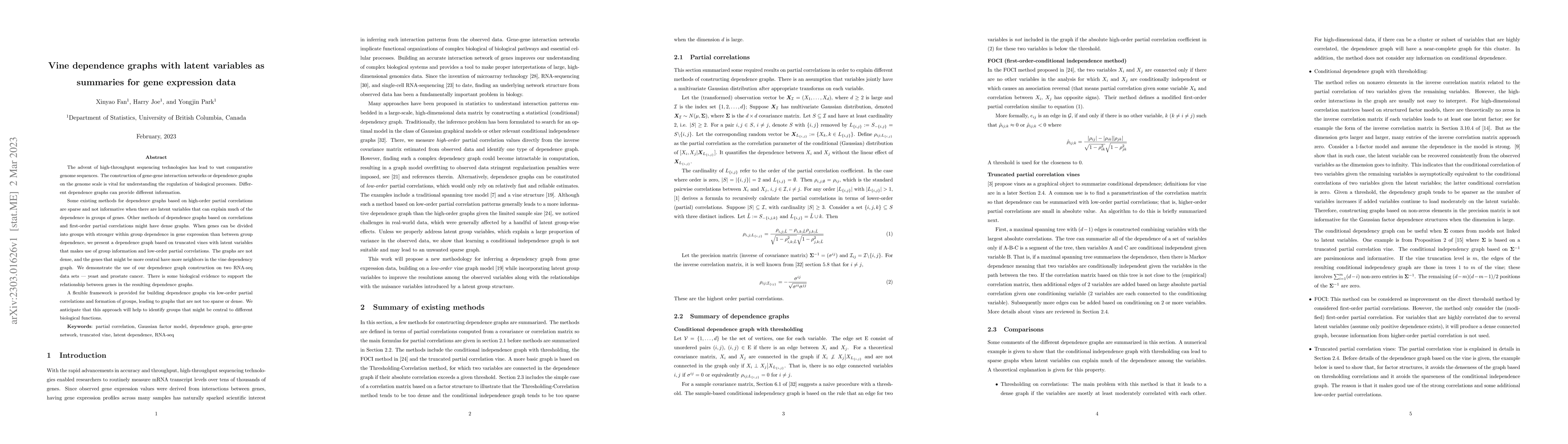 Thumbnail for Vine dependence graphs with latent variables as summaries for gene
  expression data