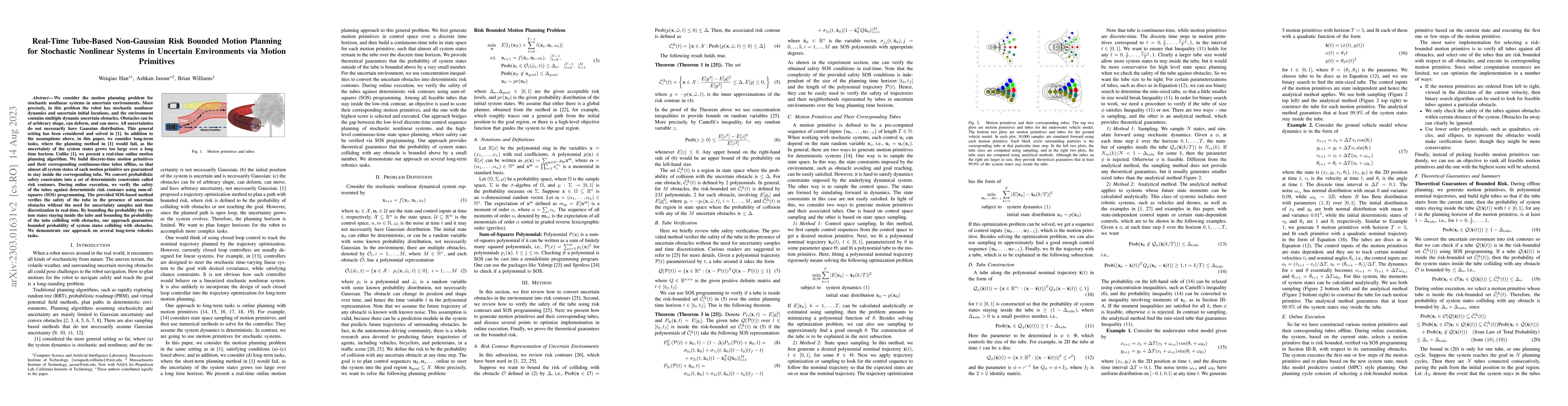 Thumbnail for Real-Time Tube-Based Non-Gaussian Risk Bounded Motion Planning for
  Stochastic Nonlinear Systems in Uncertain Environments via Motion Primitives