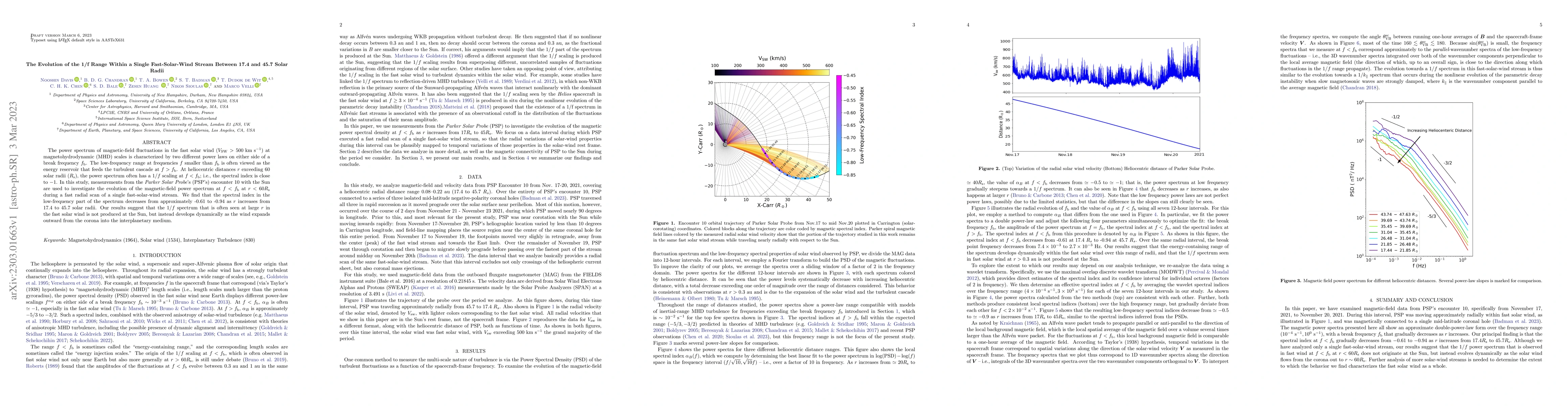 Thumbnail for The Evolution of the 1/f Range Within a Single Fast-Solar-Wind Stream
  Between 17.4 and 45.7 Solar Radii