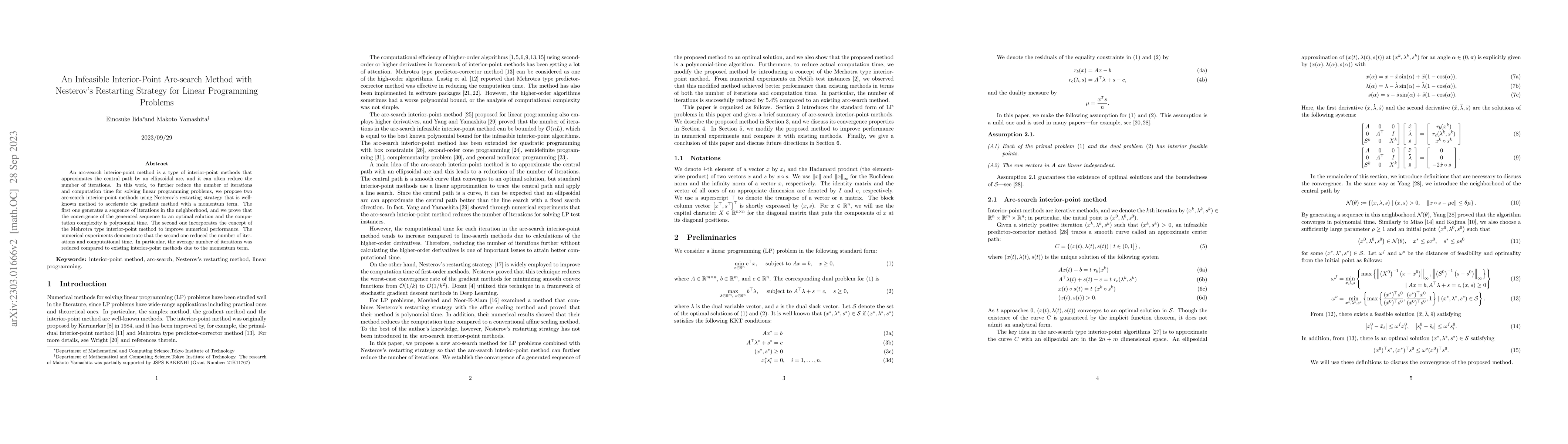Thumbnail for An infeasible interior-point arc-search method with Nesterov's
  restarting strategy for linear programming problems
