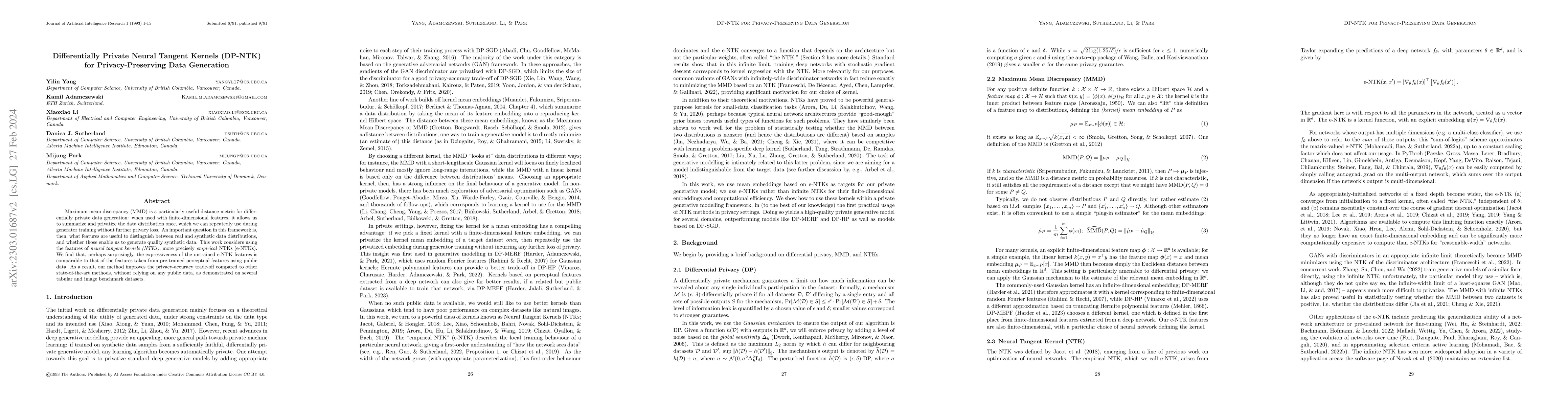 Thumbnail for Differentially Private Neural Tangent Kernels for Privacy-Preserving
  Data Generation