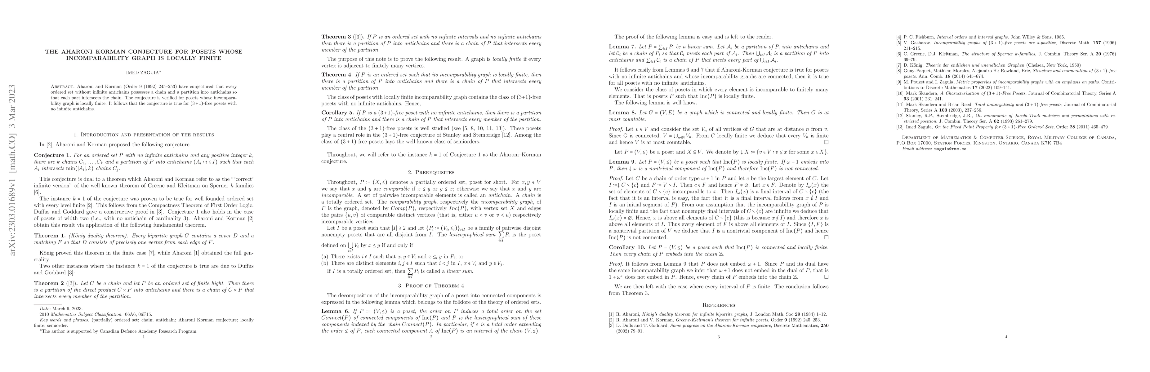 Thumbnail for The Aharoni--Korman conjecture for posets whose incomparability graph is
  locally finite