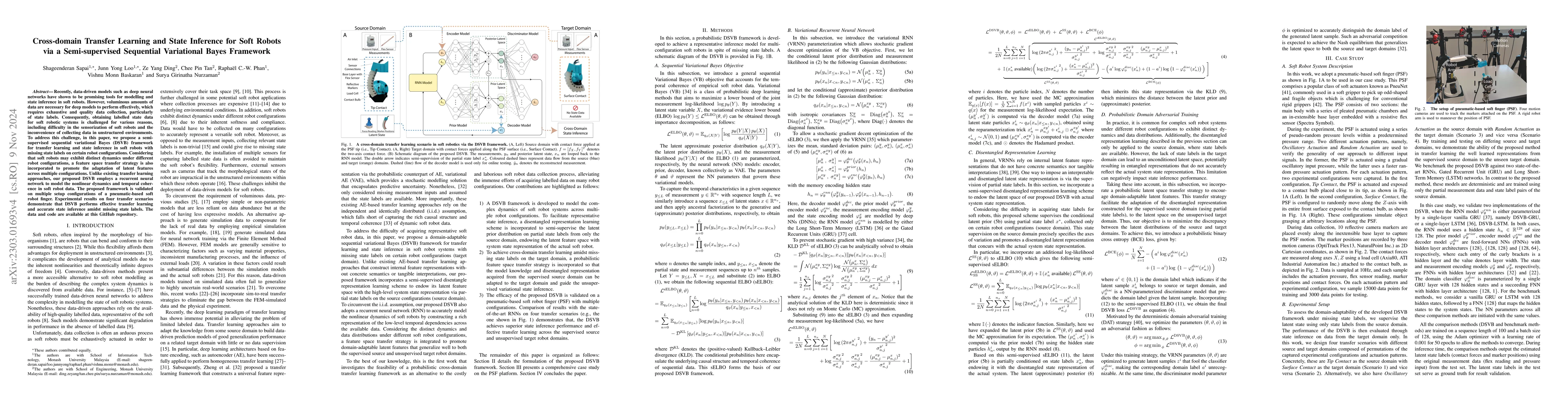 Thumbnail for Cross-domain Transfer Learning and State Inference for Soft Robots via a
  Semi-supervised Sequential Variational Bayes Framework