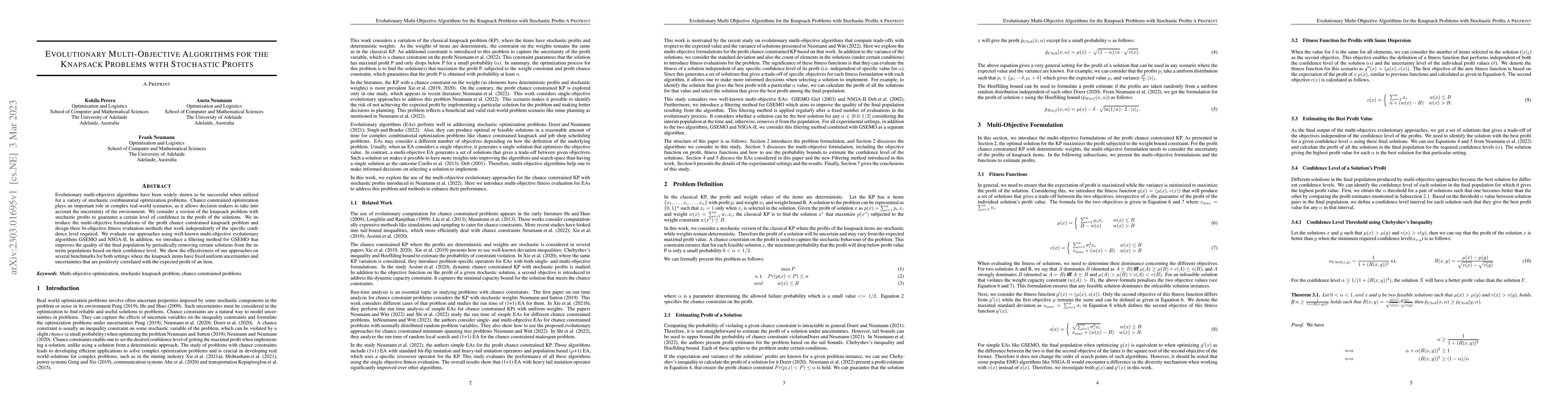 Thumbnail for Evolutionary Multi-Objective Algorithms for the Knapsack Problems with
  Stochastic Profits