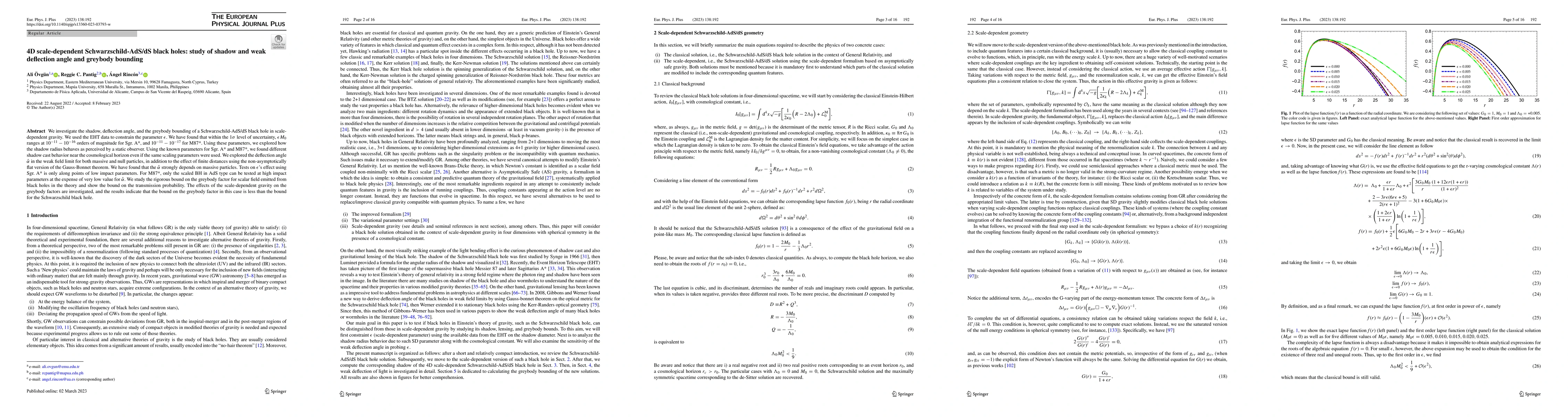Thumbnail for 4D scale-dependent Schwarzschild-AdS/dS black holes: study of shadow and
  weak deflection angle and greybody bounding