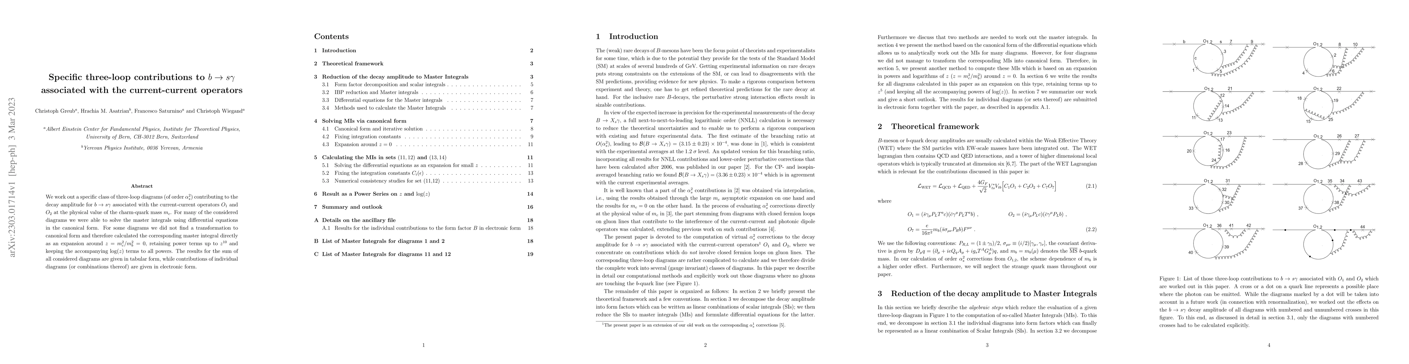 Thumbnail for Specific three-loop contributions to $b\to s\gamma$ associated with the
  current-current operators