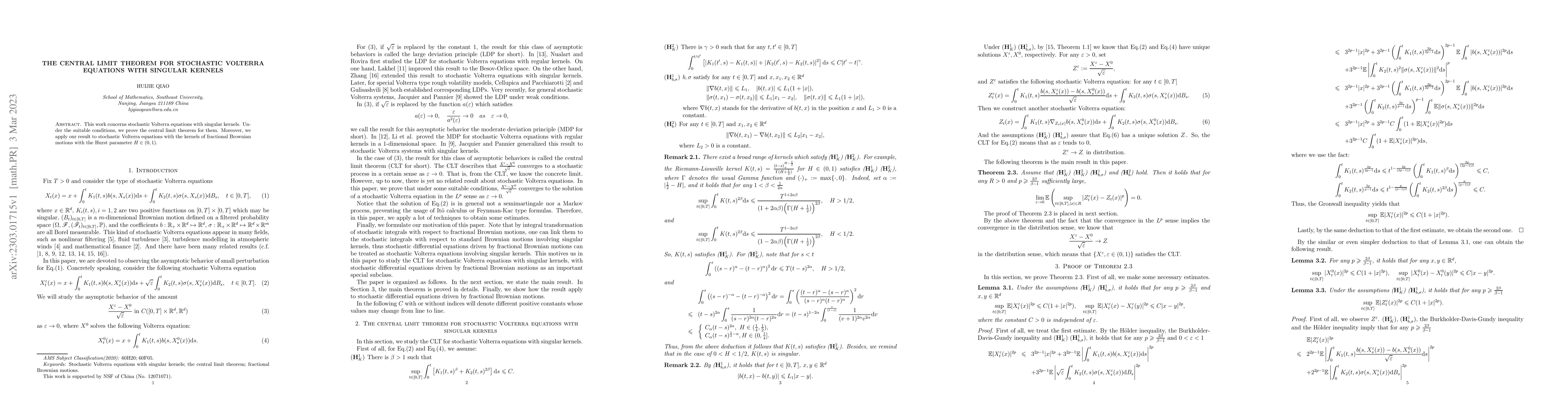 Thumbnail for The central limit theorem for stochastic Volterra equations with
  singular kernels