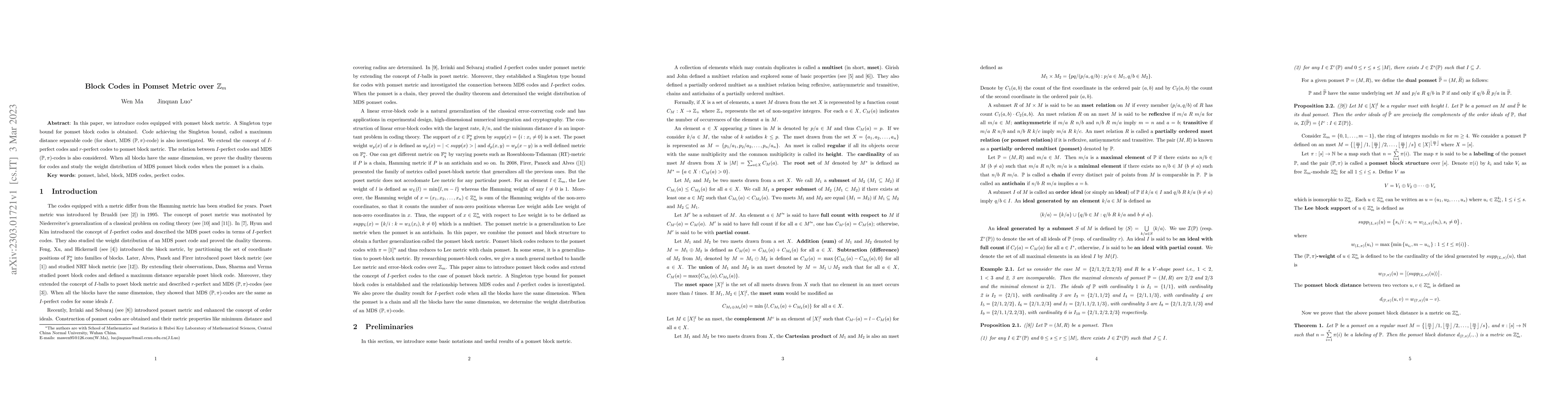 Thumbnail for Block Codes in Pomset Metric over $\mathbb{Z}_m$
