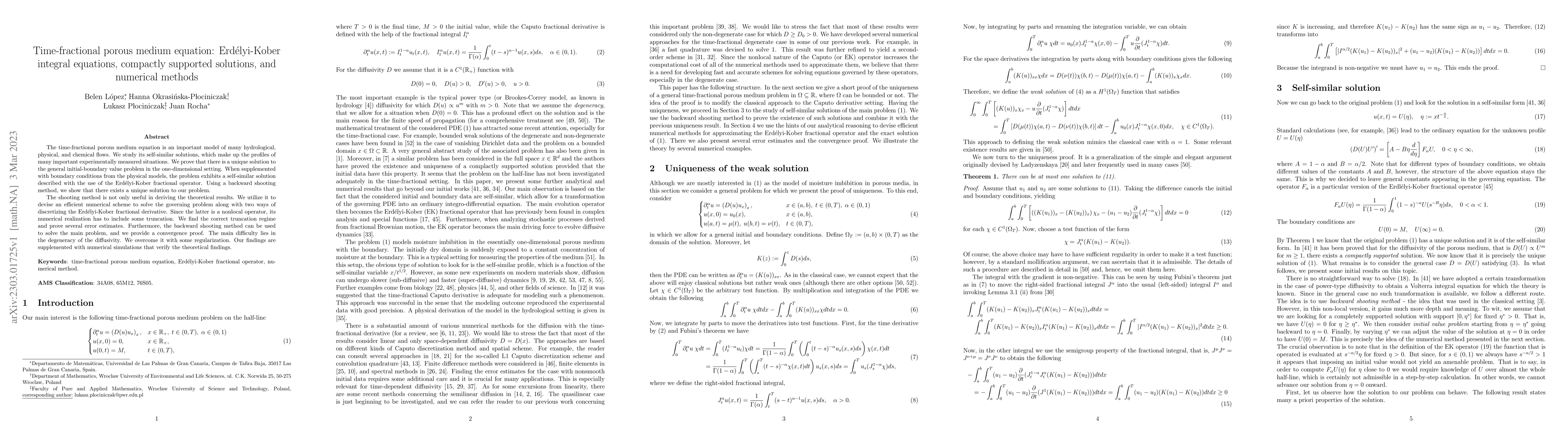 Thumbnail for Time-fractional porous medium equation: Erd\'elyi-Kober integral
  equations, compactly supported solutions, and numerical methods