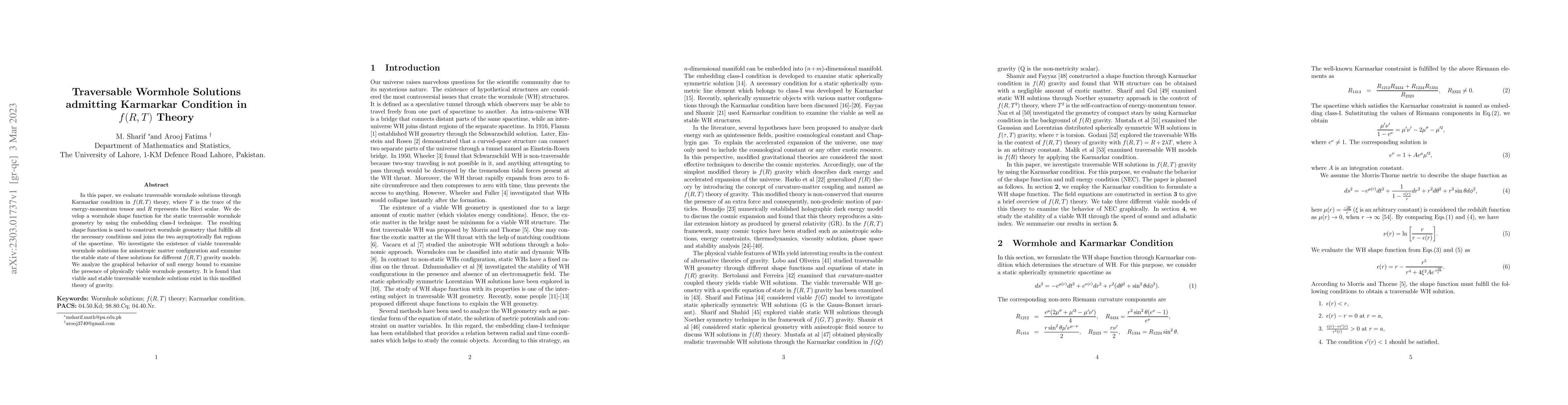 Thumbnail for Traversable Wormhole Solutions admitting Karmarkar Condition in $f(R,T)$
  Theory