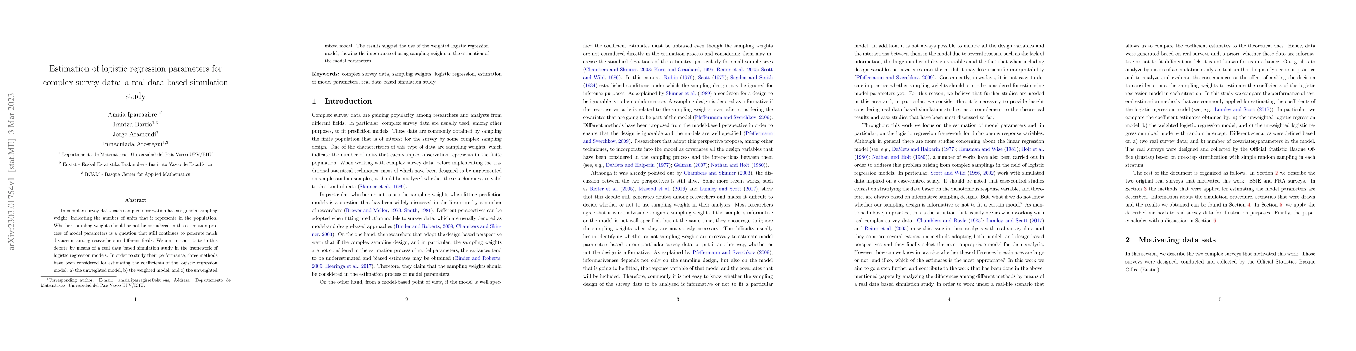 Thumbnail for Estimation of logistic regression parameters for complex survey data: a
  real data based simulation study