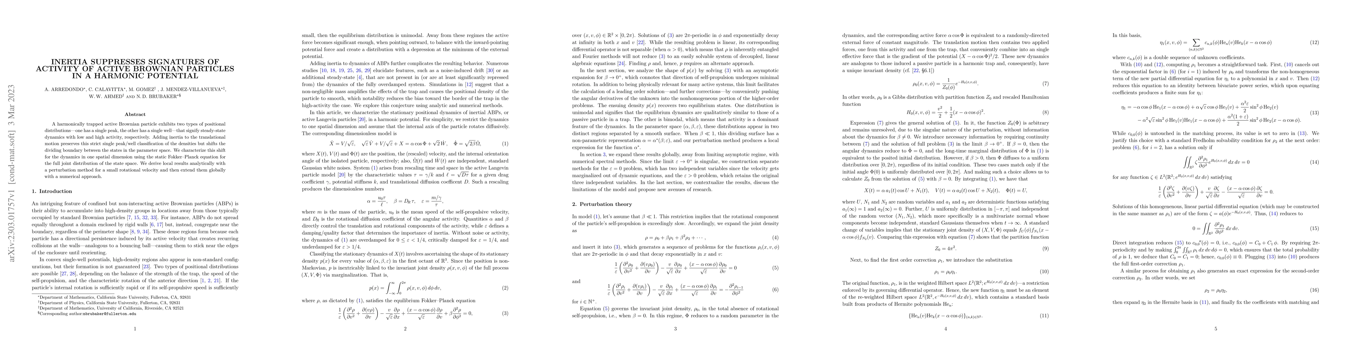Thumbnail for Inertia suppresses signatures of activity of active Brownian particles
  in a harmonic potential