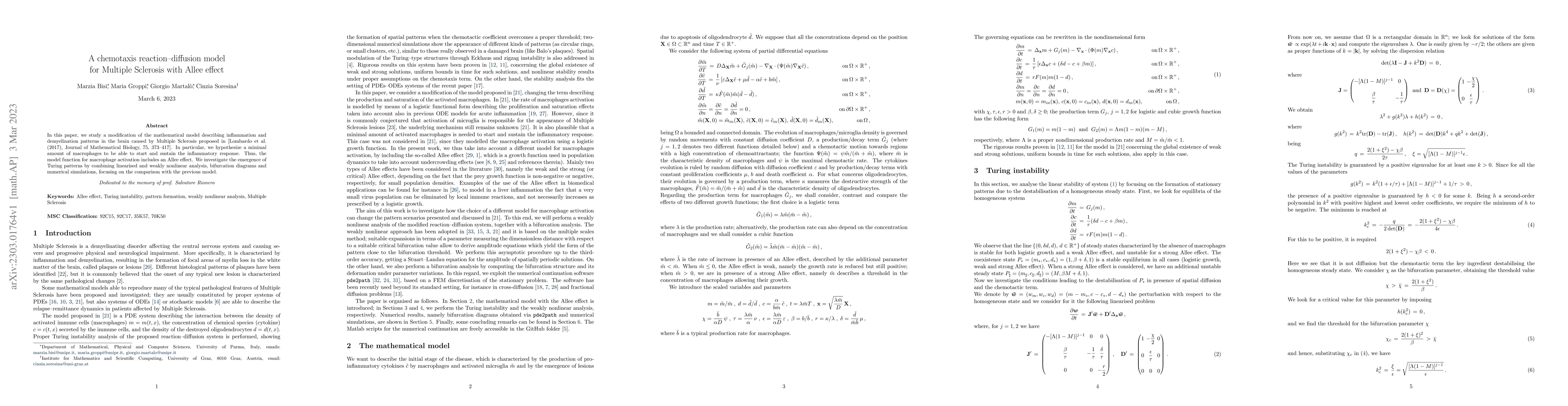 Thumbnail for A chemotaxis reaction-diffusion model for Multiple Sclerosis with Allee
  effect