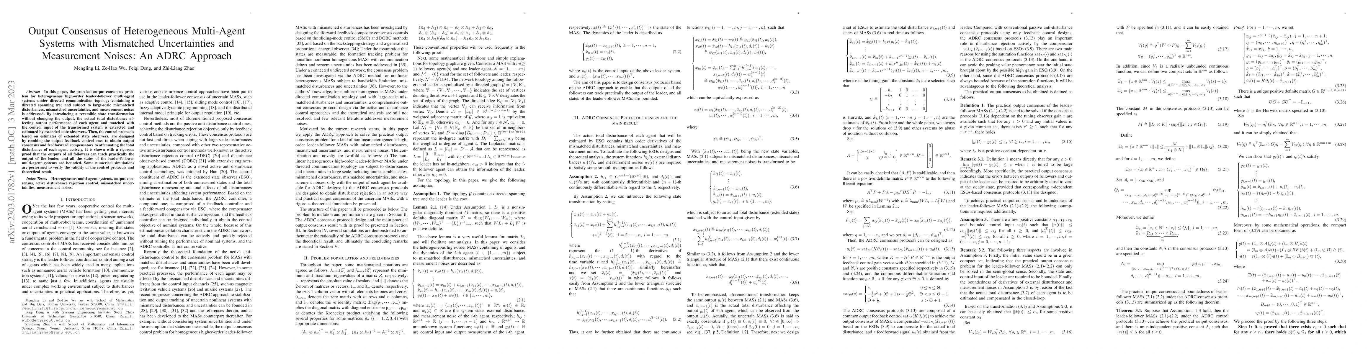 Thumbnail for Output Consensus of Heterogeneous Multi-Agent Systems with Mismatched
  Uncertainties and Measurement Noises: An ADRC Approach