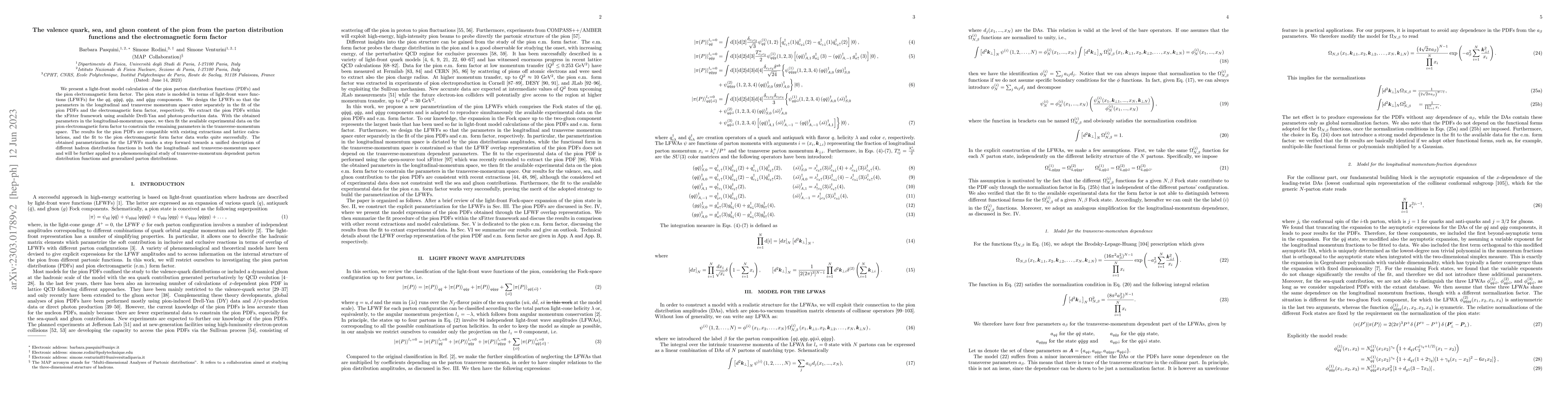 Thumbnail for The valence quark, sea, and gluon content of the pion from the parton
  distribution functions and the electromagnetic form factor