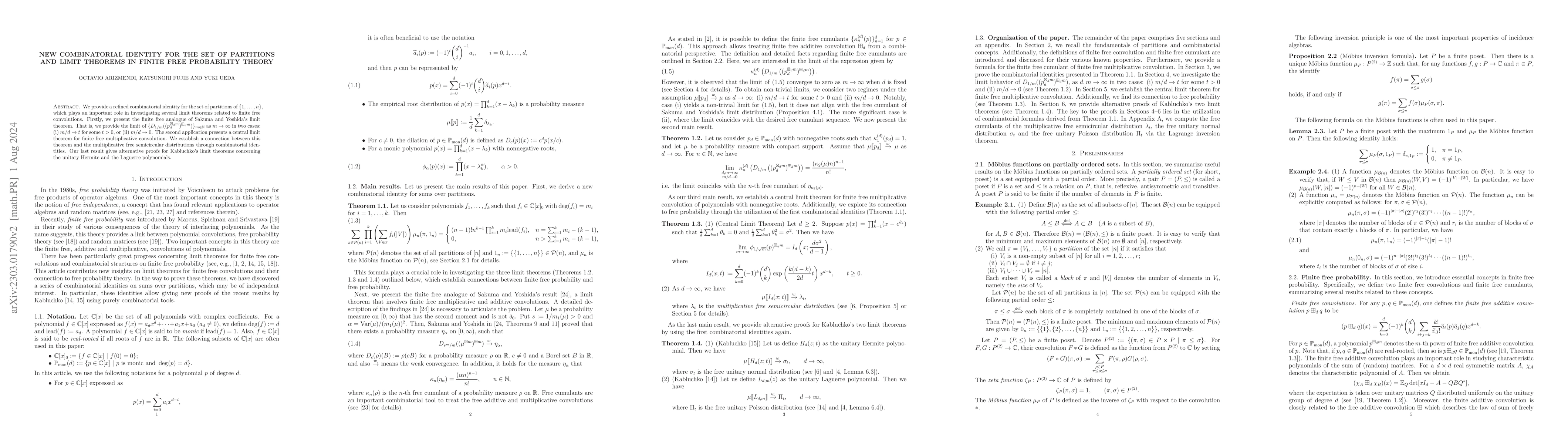 Thumbnail for New combinatorial identity for the set of partitions and limit theorems
  in finite free probability theory