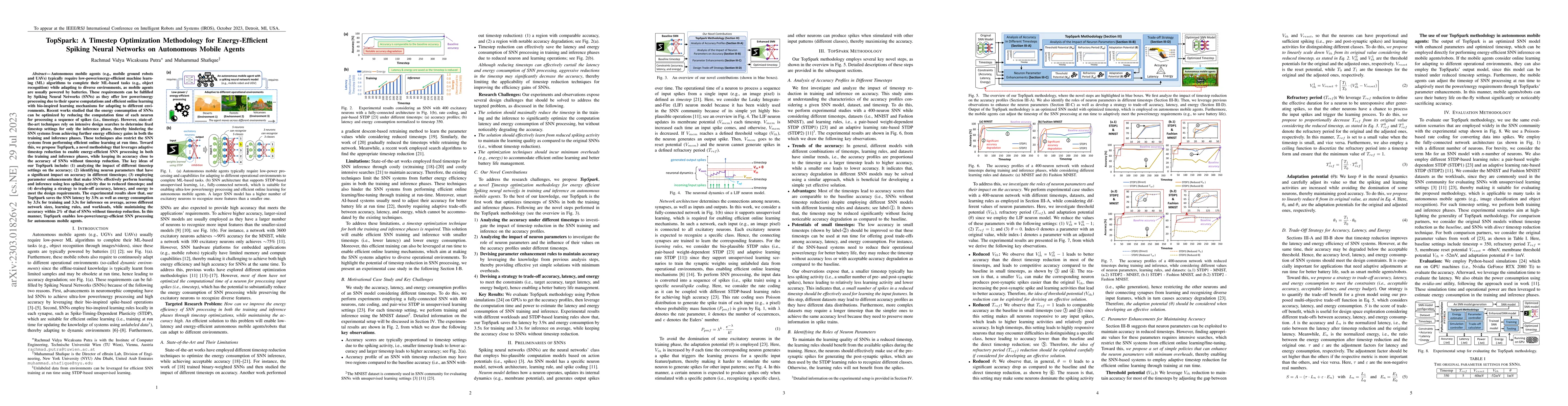 Thumbnail for TopSpark: A Timestep Optimization Methodology for Energy-Efficient
  Spiking Neural Networks on Autonomous Mobile Agents