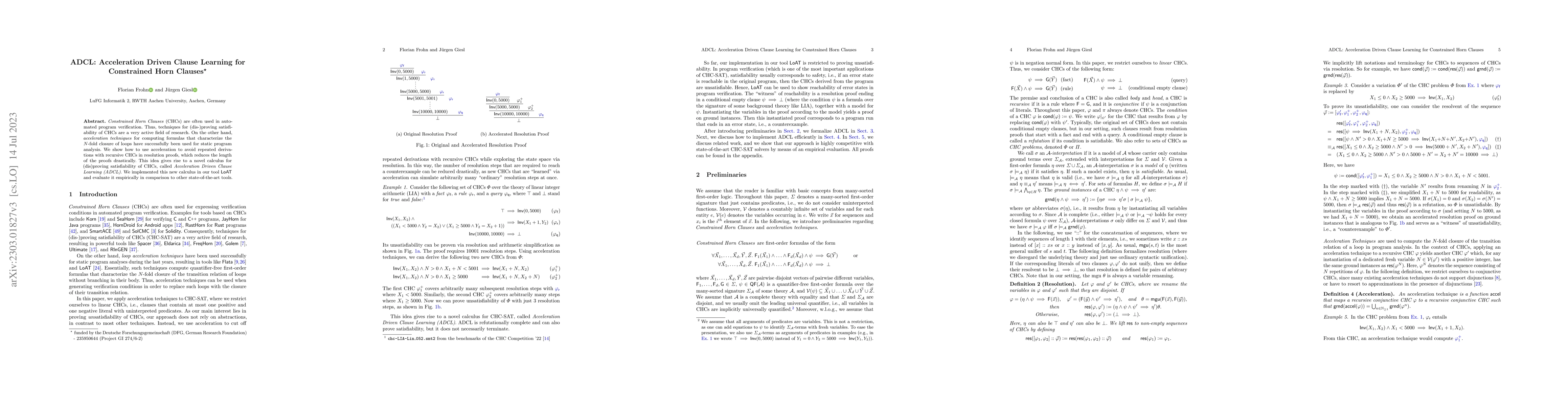 Thumbnail for ADCL: Acceleration Driven Clause Learning for Constrained Horn Clauses