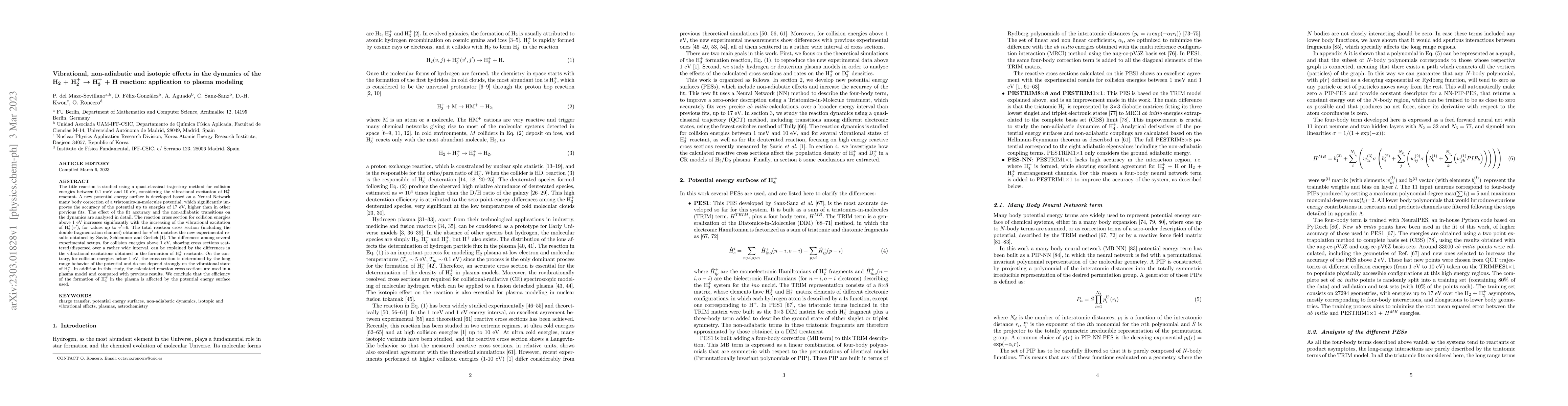 Thumbnail for Vibrational, non-adiabatic and isotopic effects in the dynamics of the
  H$_2$ + H$_2^+$ $\rightarrow$ H$_3^+$ + H reaction: application to plasma
  modeling