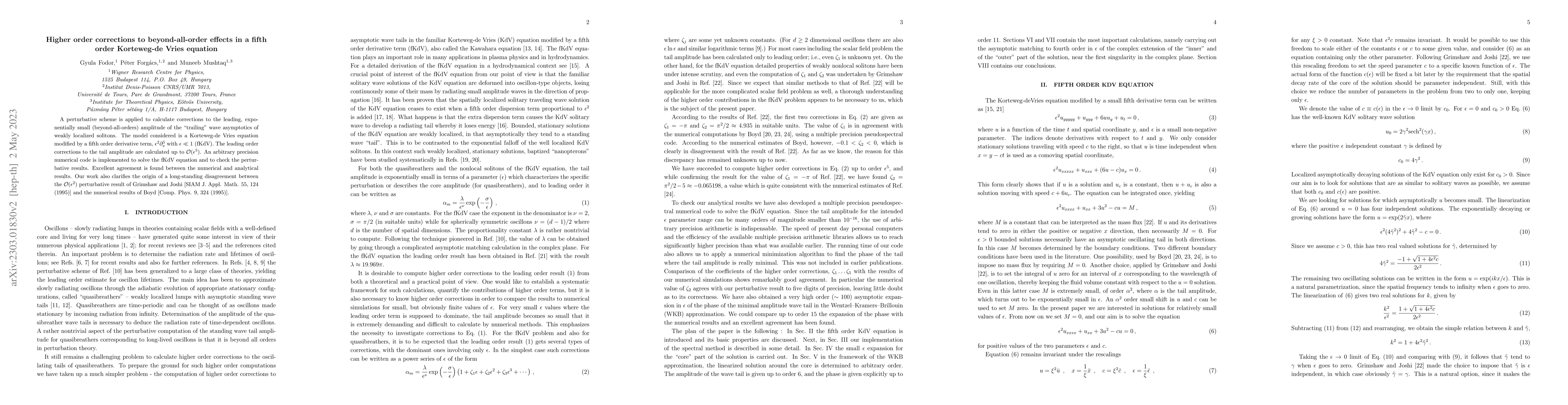 Thumbnail for Higher order corrections to beyond-all-order effects in a fifth order
  Korteweg-de Vries equation