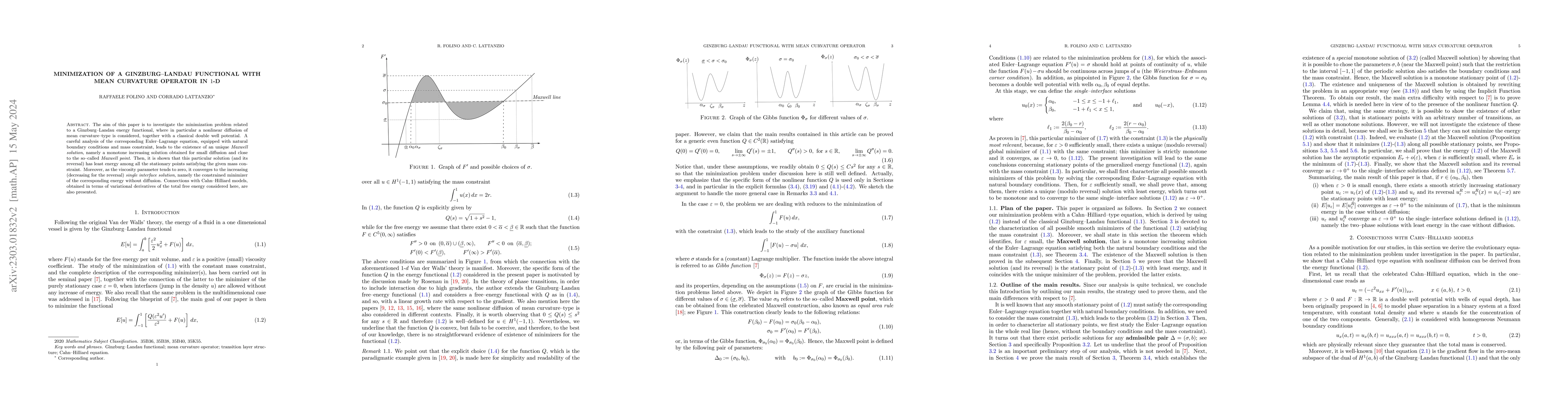 Thumbnail for Minimization of a Ginzburg-Landau functional with mean curvature
  operator in 1-D