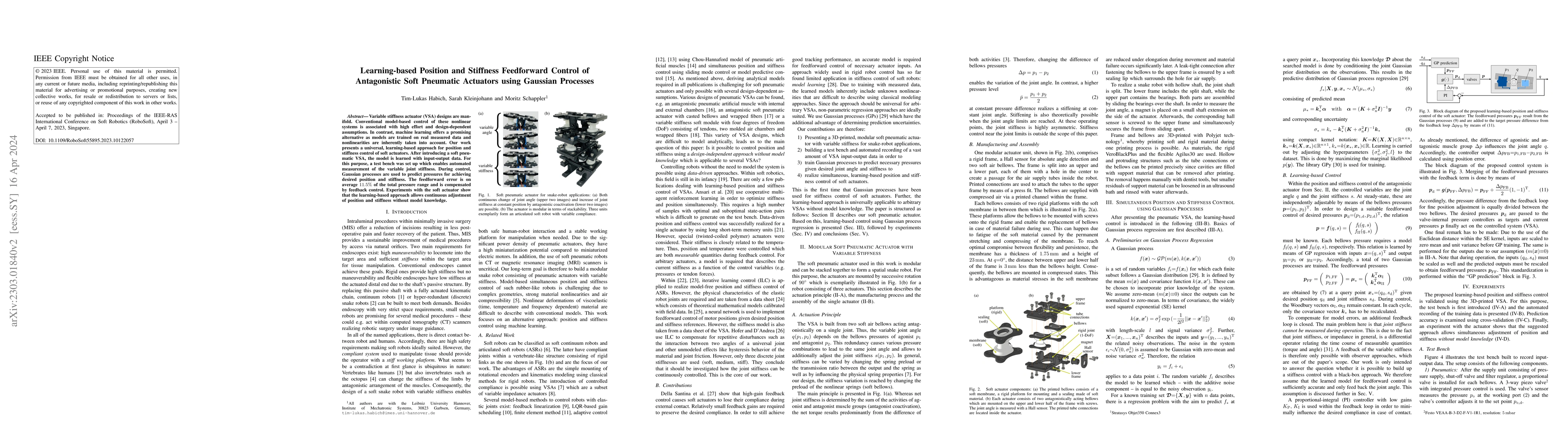 Thumbnail for Learning-based Position and Stiffness Feedforward Control of
  Antagonistic Soft Pneumatic Actuators using Gaussian Processes