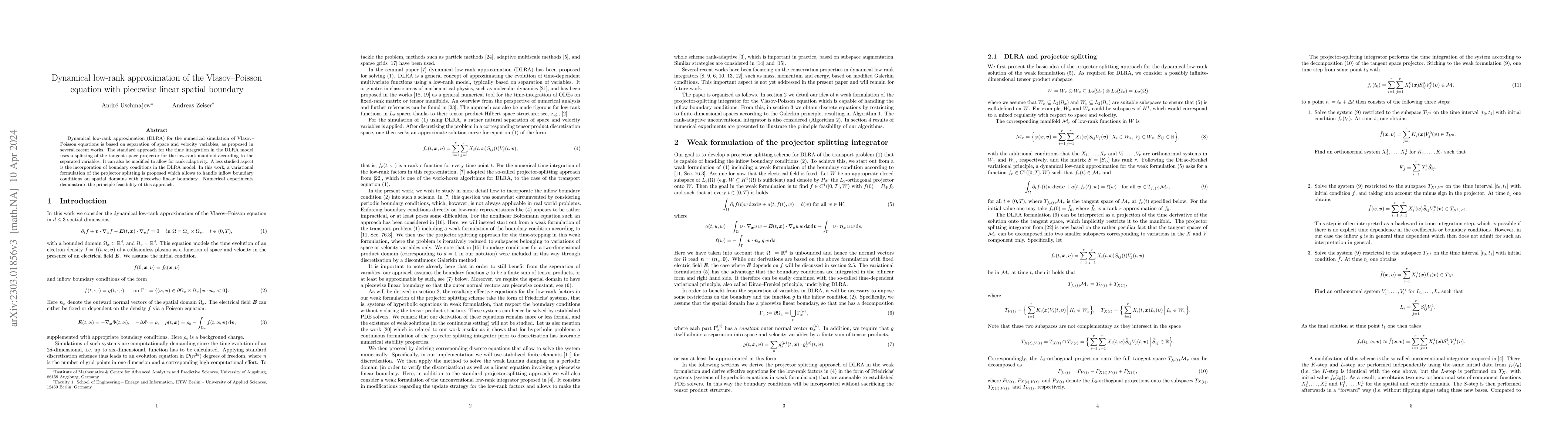 Thumbnail for Dynamical low-rank approximation of the Vlasov-Poisson equation with
  piecewise linear spatial boundary