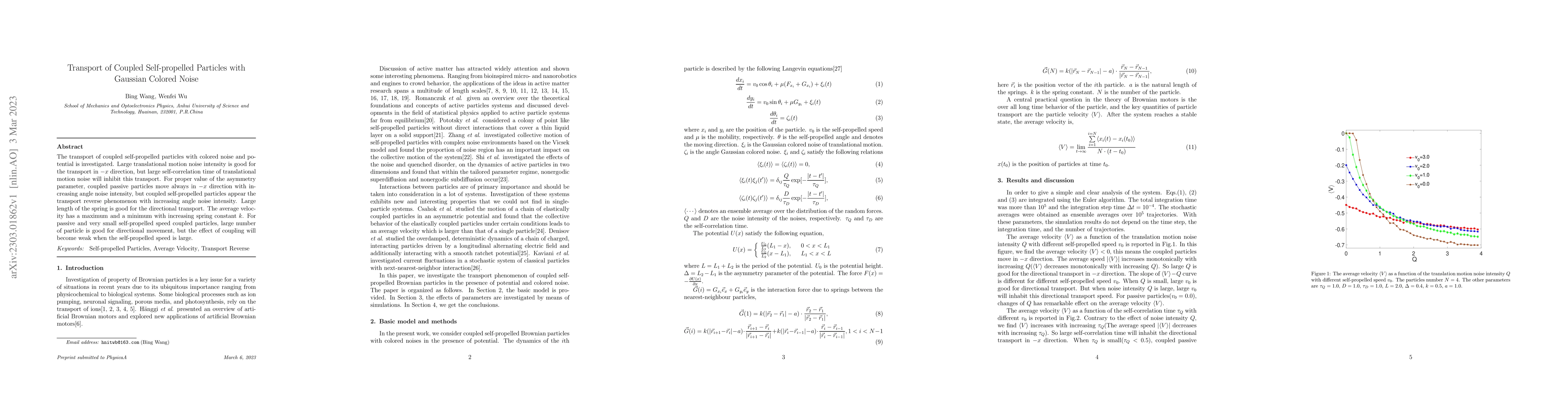 Thumbnail for Transport of Coupled Self-propelled Particles with Gaussian Colored
  Noise
