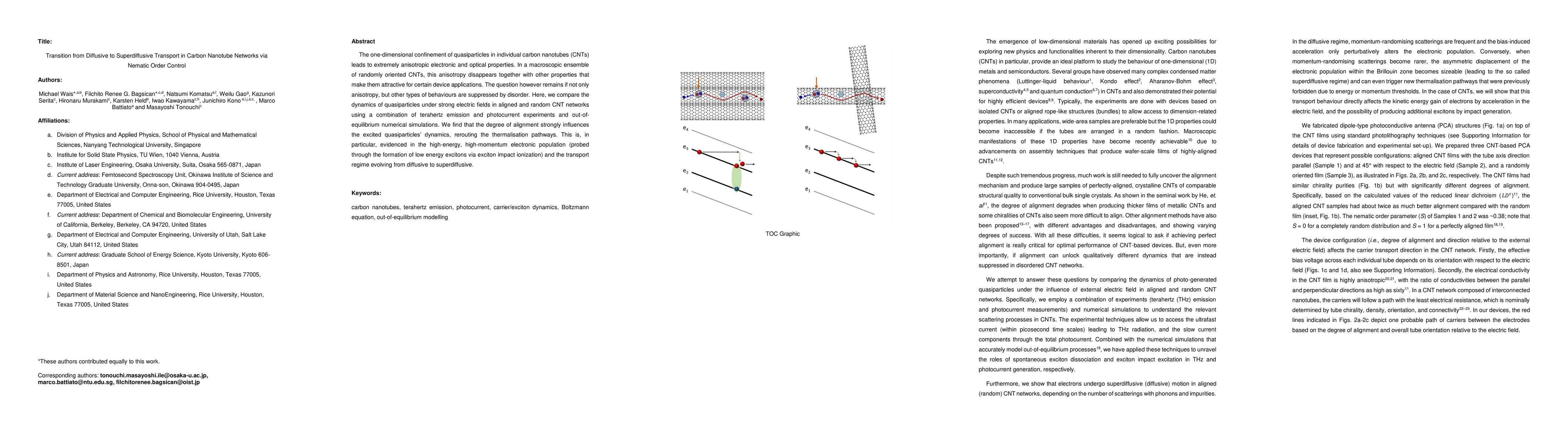 Thumbnail for Transition from Diffusive to Superdiffusive Transport in Carbon Nanotube
  Networks via Nematic Order Control