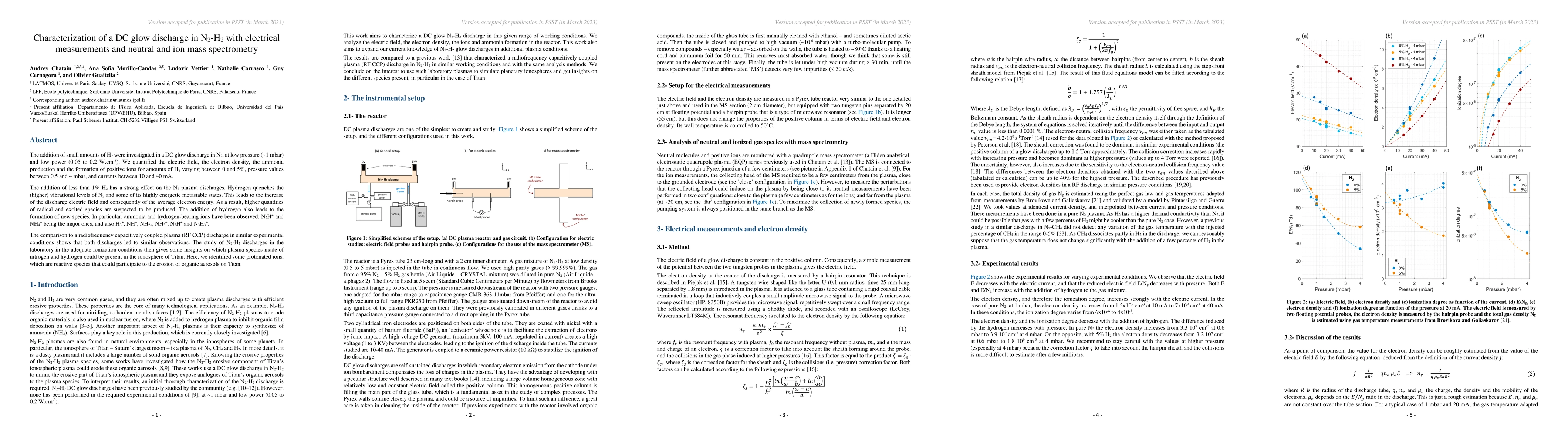 Thumbnail for Characterization of a DC glow discharge in $N_2-H_2$ with electrical
  measurements and neutral and ion mass spectrometry