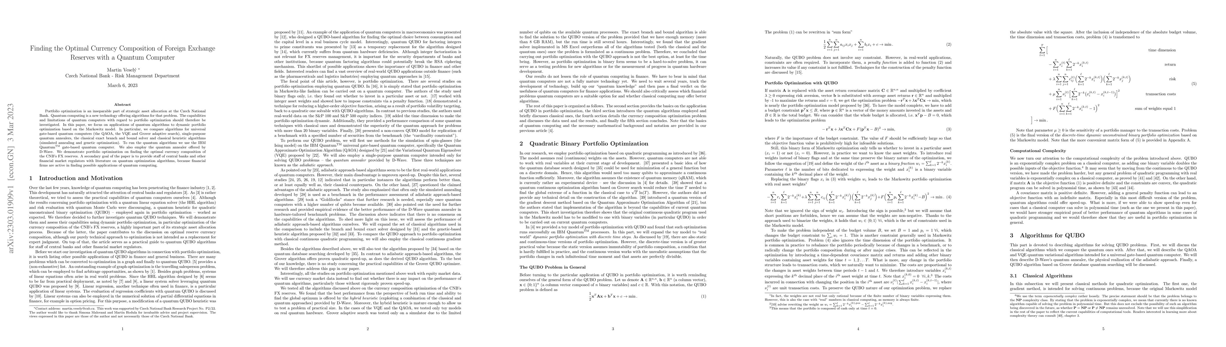 Thumbnail for Finding the Optimal Currency Composition of Foreign Exchange Reserves
  with a Quantum Computer