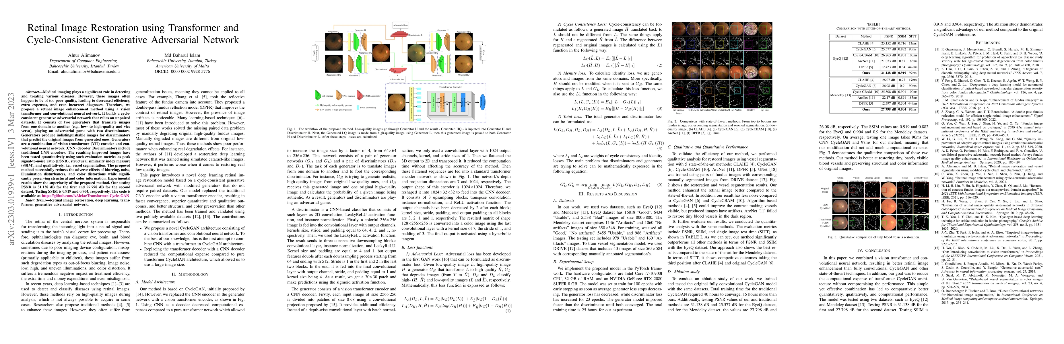 Thumbnail for Retinal Image Restoration using Transformer and Cycle-Consistent
  Generative Adversarial Network